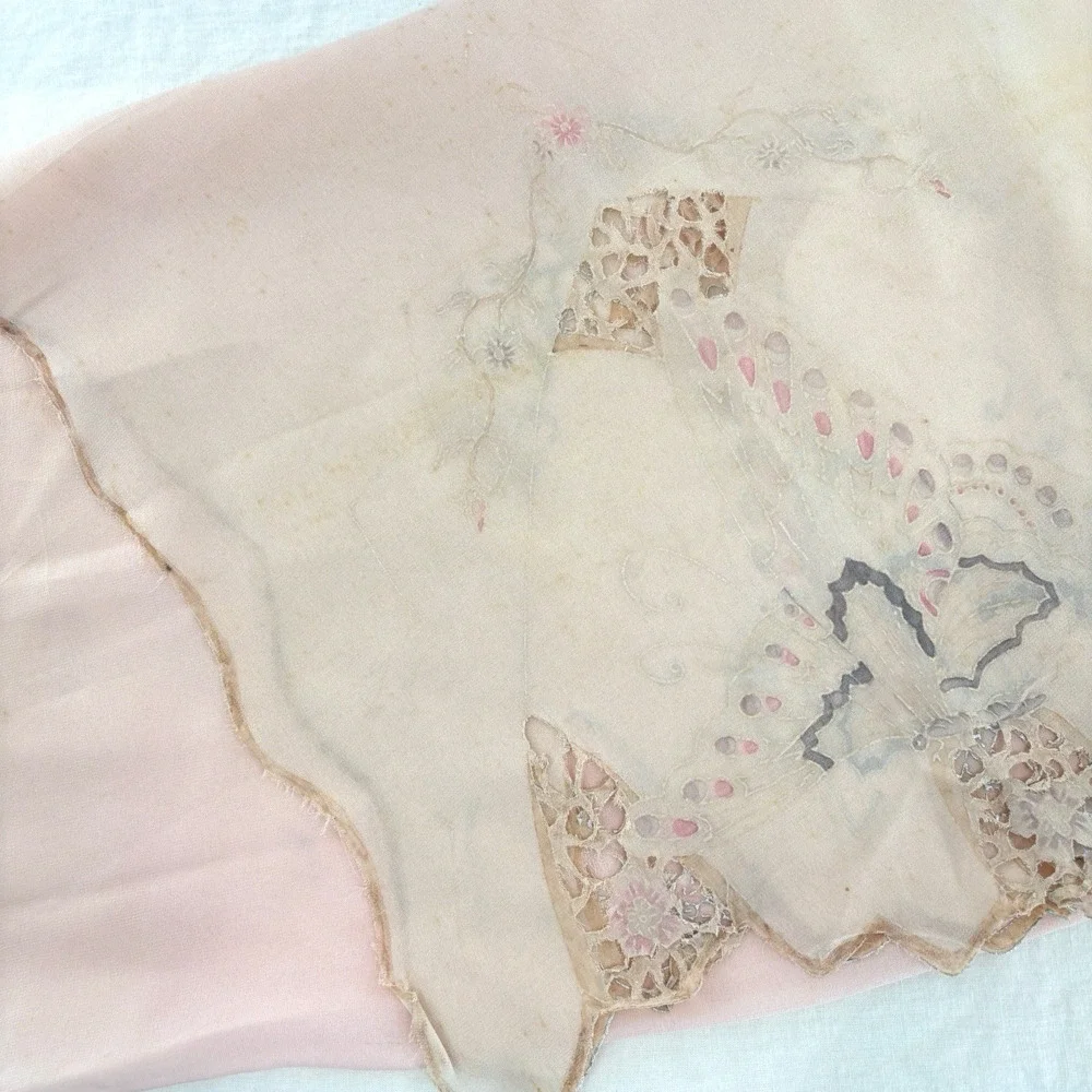 Antique Vtg Silk Scarf Hand Embroidered Cutwork Lace Butterfly Floral Sheer